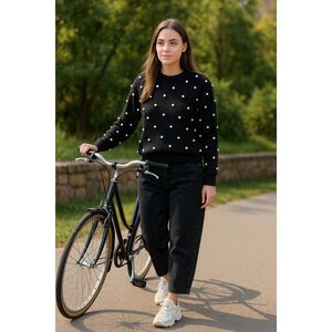 Pearl Embellished Sweater Sz. M Black Knit White Pearls Classy Chic Pullover